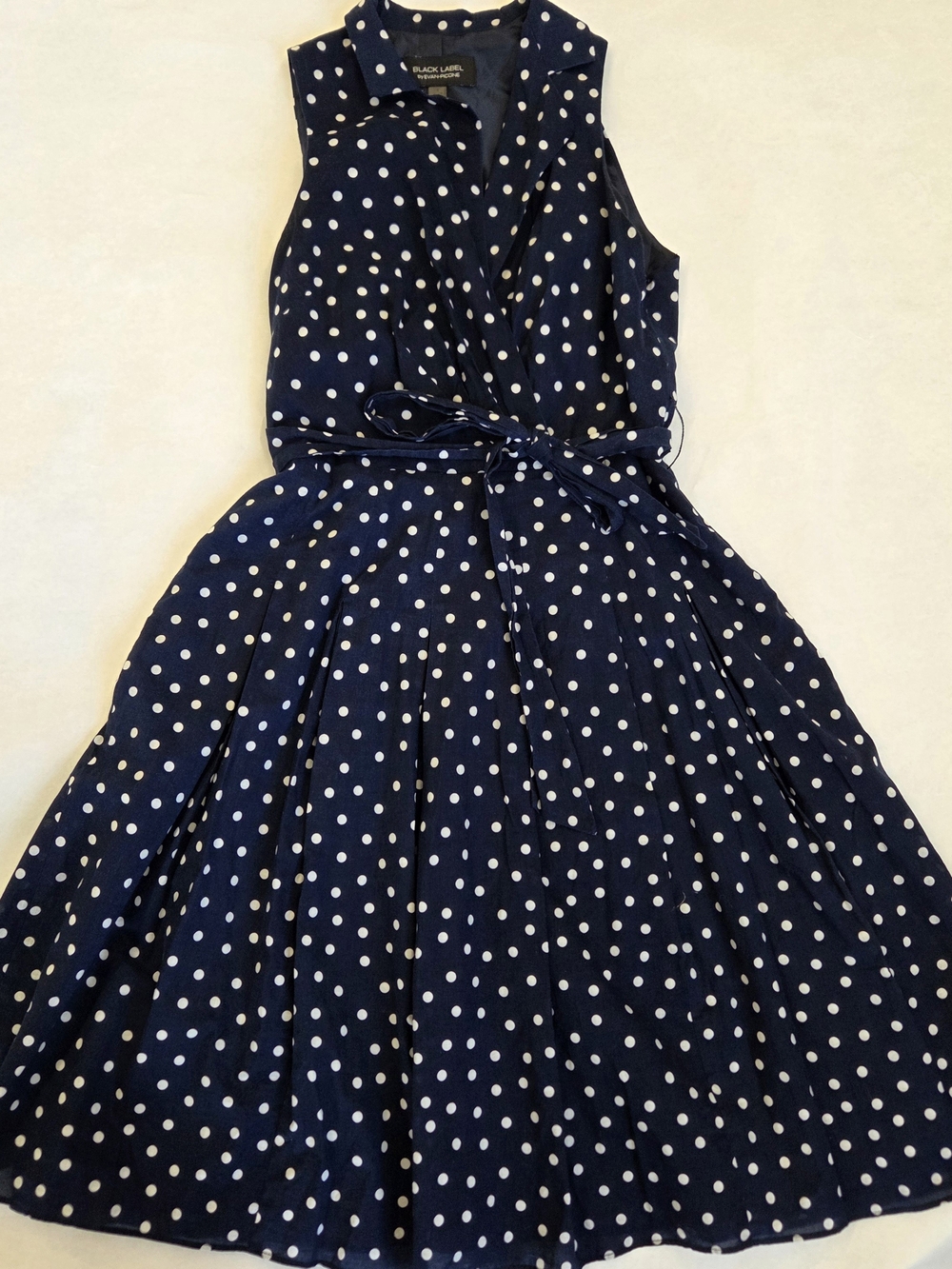 Blaxk Label Navy Polka Dot Sleeveless Collared Midi Dress
